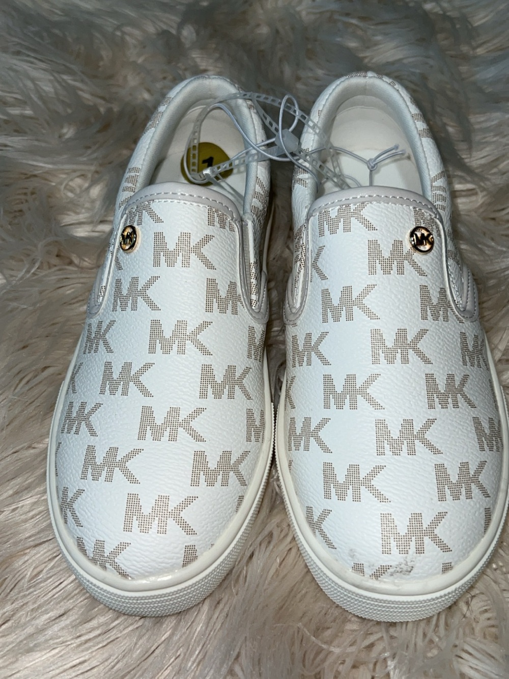 Michael Kors Kids White & Light Taupe MK Logo Slip-On Sneakers